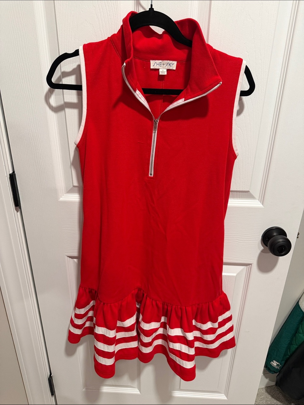 She and Sky Red Sleeveless Zip-Front Ruffle Hem Dress